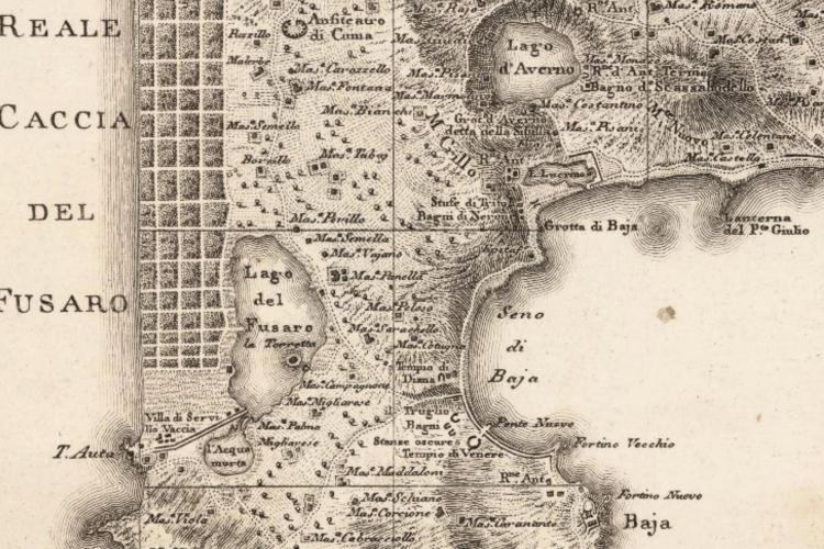 Giovanni Rizzi Zannoni (dis.), Giuseppe Guerra (inc.), Topografia dell’agro napoletano con le sue adiacenze, 1793. Dettaglio del seno di Baia con le indicazioni delle aree termali (a destra) e la Riserva Reale di Caccia del