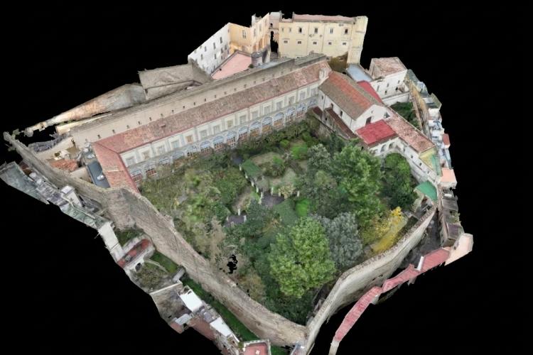 Ricostruzione 3D. Cittadella monastica; Giardino del claustro, corridoio del claustro, Rettorato ed edifici amministrativi. 